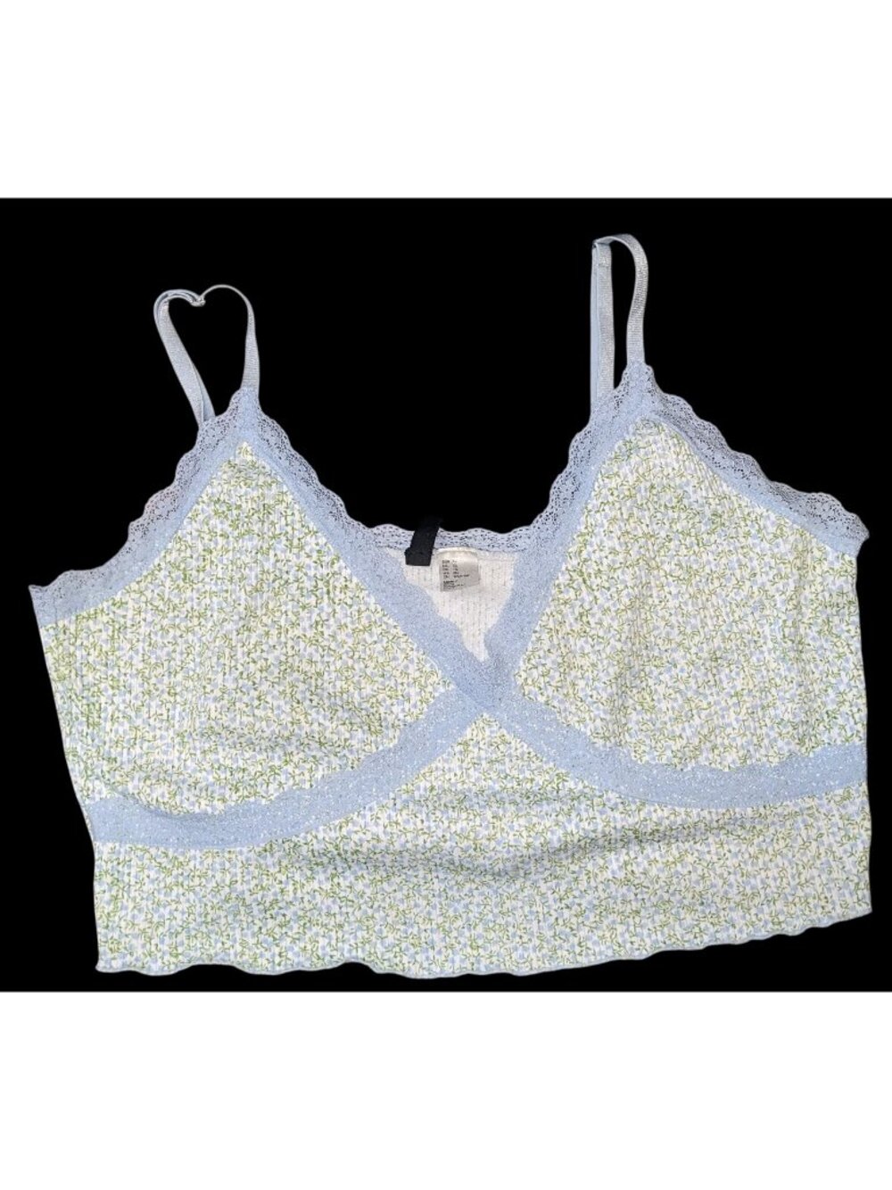 Divided By H&M Floral Ribbed Lace-Trim Crop Top With Adjustable Straps & V-Neck